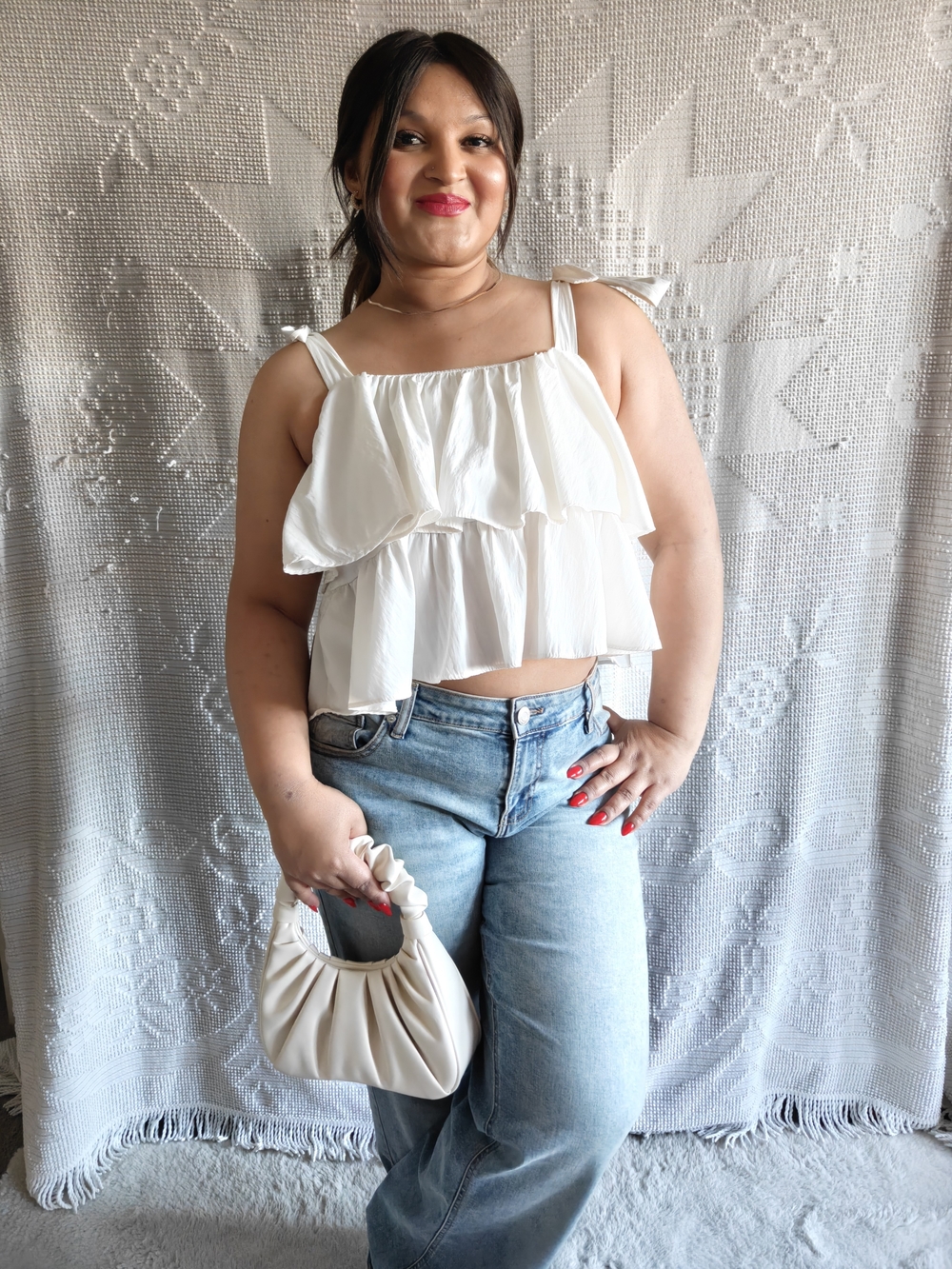 Oak + Fort | White Tiered Ruffle Tie Strap Tank Top | Size M | Cropped Cami